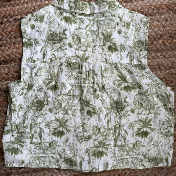Rachel Zoe Medium Green Safari Jungle Print Linen Sleeveless Button Down Blouse - Picture 4 of 4